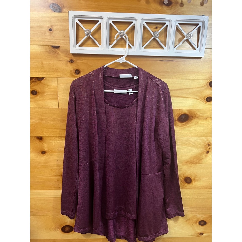Susan Graver Plum Gold Metallic Shimmer 2 Piece Cardigan and Tank Set Small